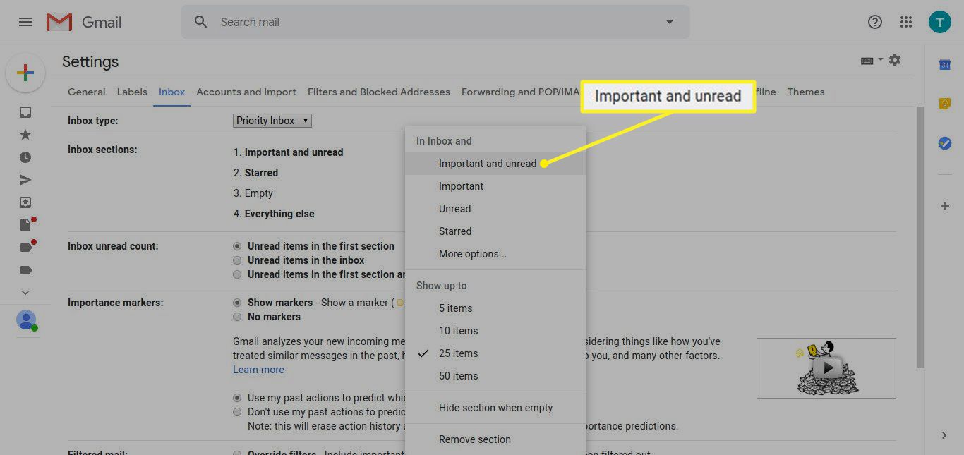 Sekce Doručená pošta Gmailu zobrazující Důležité a nepřečtené