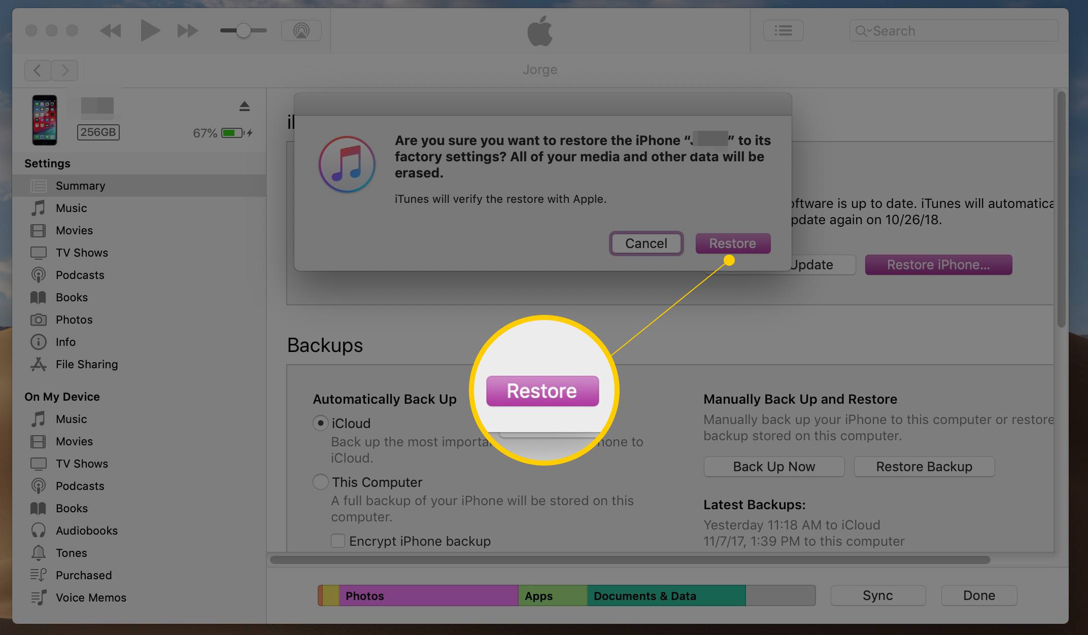 Tlačítko obnovení potvrzení v iTunes pro macOS