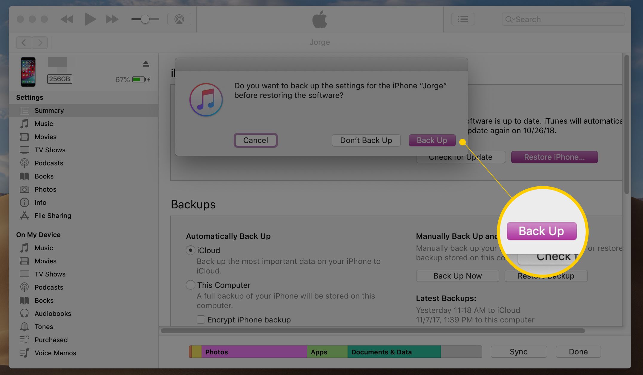 Tlačítko Zálohovat v iTunes pro macOS