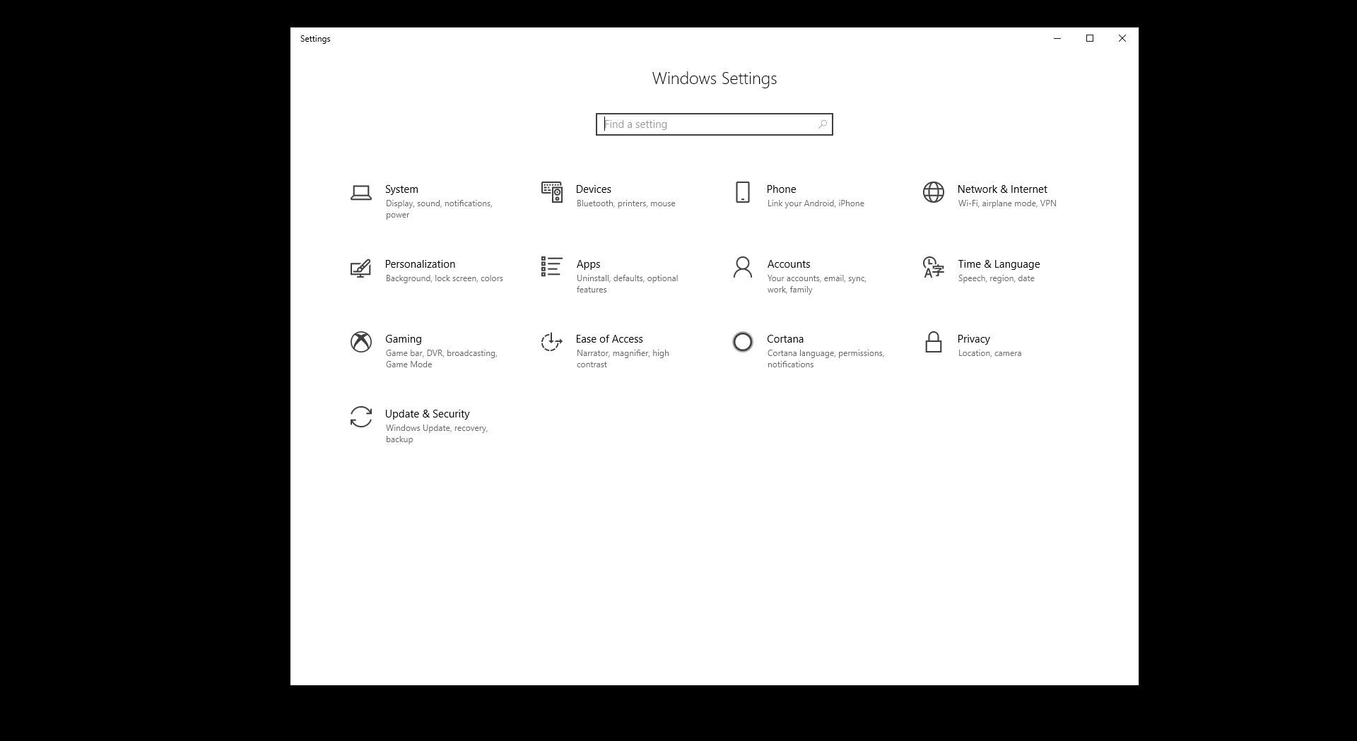 Zobrazení panelu nastavení systému Windows v systému Windows 10.