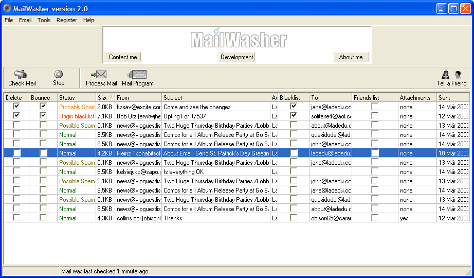 Screenshot softwaru MailWasher