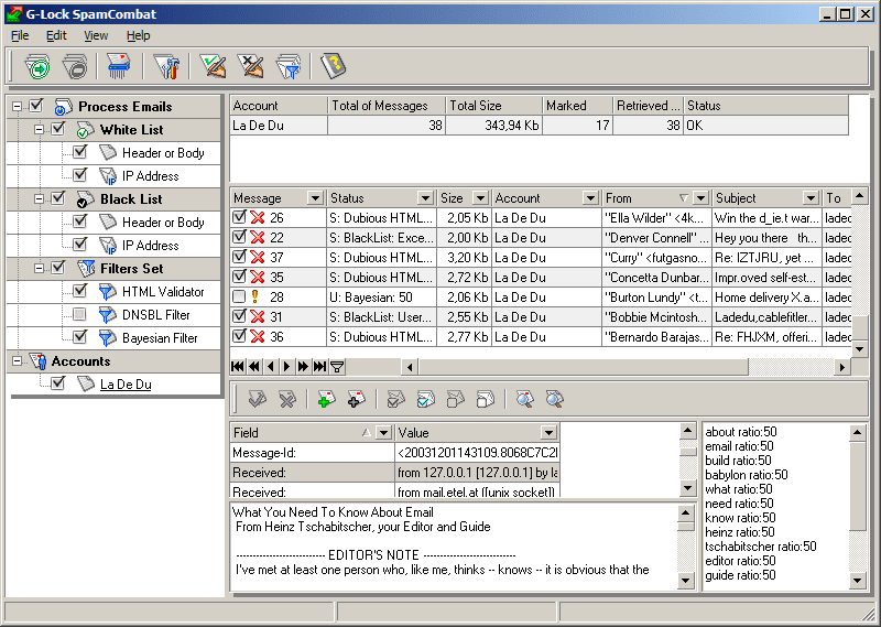 Snímek obrazovky softwaru G-Lock SpamCombat