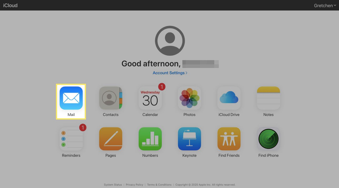 Hlavní panel iCloudu se zvýrazněnou poštou