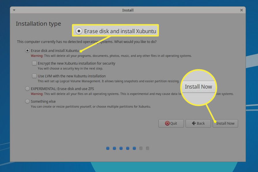 Xubuntu vyberte typ instalace pevného disku