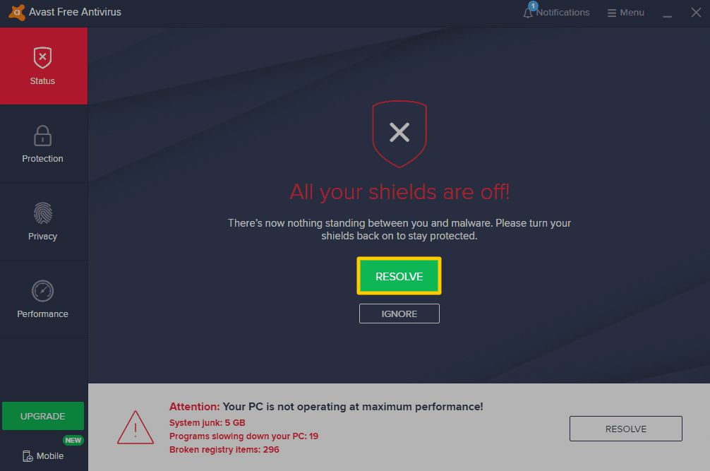 Snímek obrazovky Avastu s vypnutými štíty, který uživatele vyzve k vyřešení problému.
