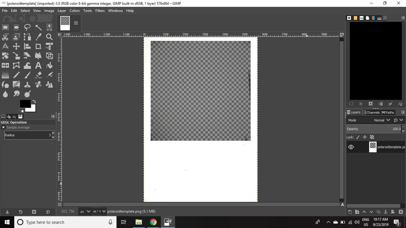Otevřete svou šablonu Polaroid v GIMPu.