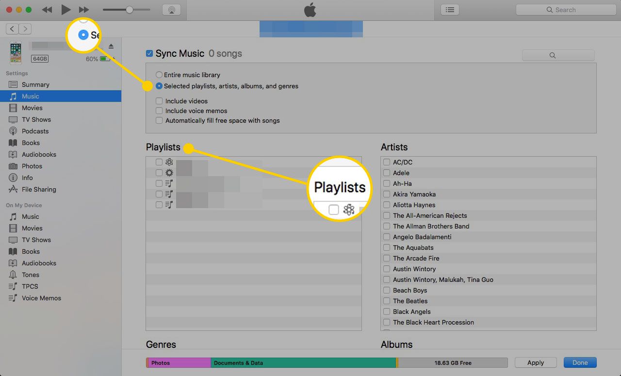 Obrazovka hudby v iTunes se zvýrazněným tlačítkem Vybrané seznamy skladeb
