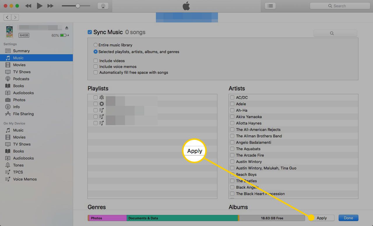 Nastavení hudby v iTunes se zvýrazněným tlačítkem Použít