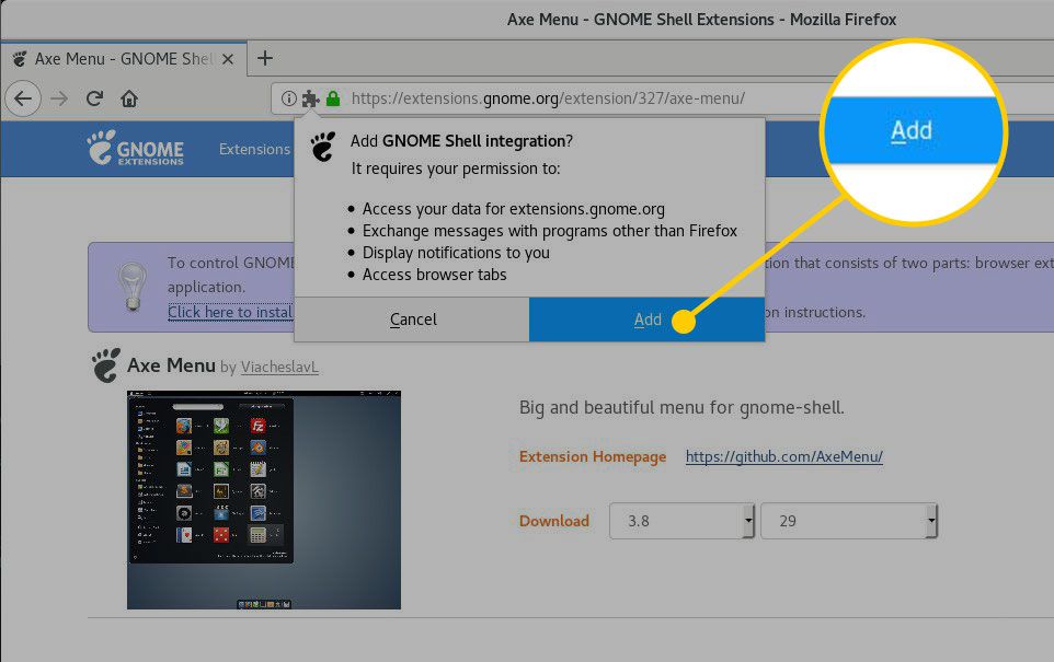 Tlačítko Přidat v integraci prostředí GNOME Shell