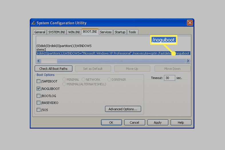 Nástroj pro konfiguraci systému v systému Windows XP s povolenou možností NOGUIBOOT