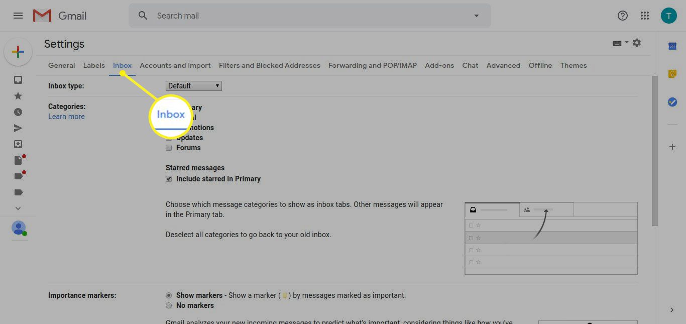 Nastavení Gmailu se zvýrazněnou záložkou Doručená pošta