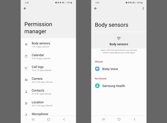 Nastavení Správce oprávnění a Body Sensor v Samsung Privacy Dashboard