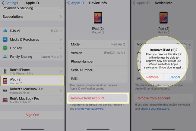 Nastavení iPhone se zvýrazněnou zprávou iPad, Odebrat z účtu a varovnou zprávou