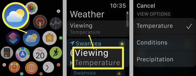 Aplikace Počasí Apple Watch se zvýrazněnými možnostmi zobrazení.