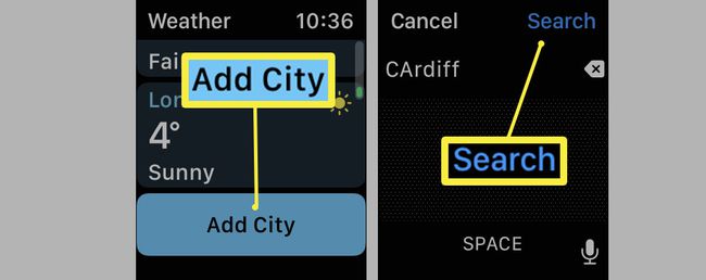 Aplikace Počasí Apple Watch se zvýrazněnou možností Přidat město.