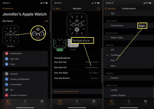 Kroky na iPhone pro přidání komplikace počasí na ciferník Apple Watch.