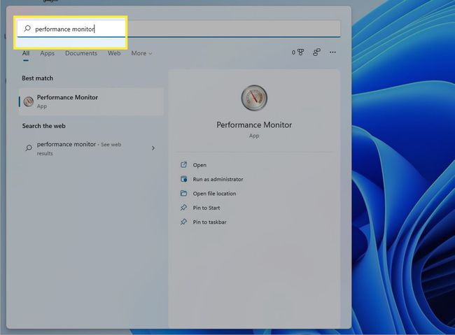 Monitor výkonu zvýrazněný ve vyhledávací liště Windows 11