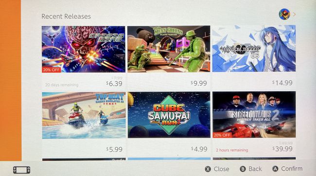 Snímek obrazovky nedávných vydání v e-shopu Nintendo.