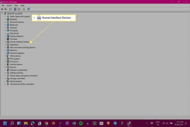Windows 11 Device Manager se zvýrazněnou Human Interface Devices