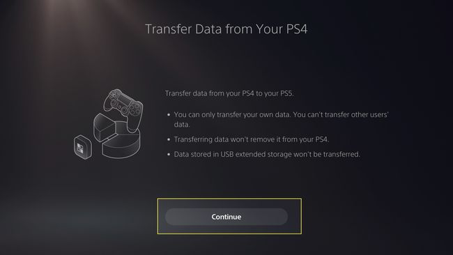 Varovná obrazovka přenosu dat na PS5 se zvýrazněnou možností Pokračovat