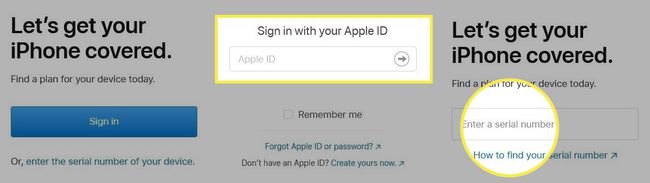 Přihlašovací obrazovka AppleCare iPhone se zvýrazněným Apple ID a sériovým číslem
