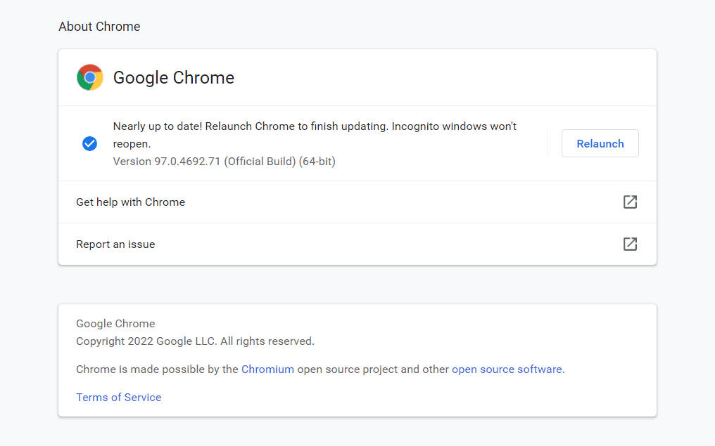 O stránce Chrome s tlačítkem Restartovat pro aktualizaci