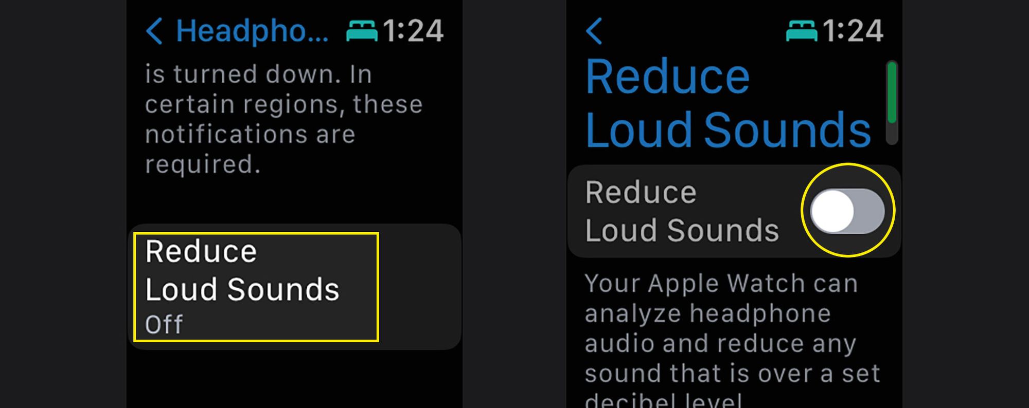 Nabídka Snížit hlasité zvuky a přepínač v nastavení Apple Watch