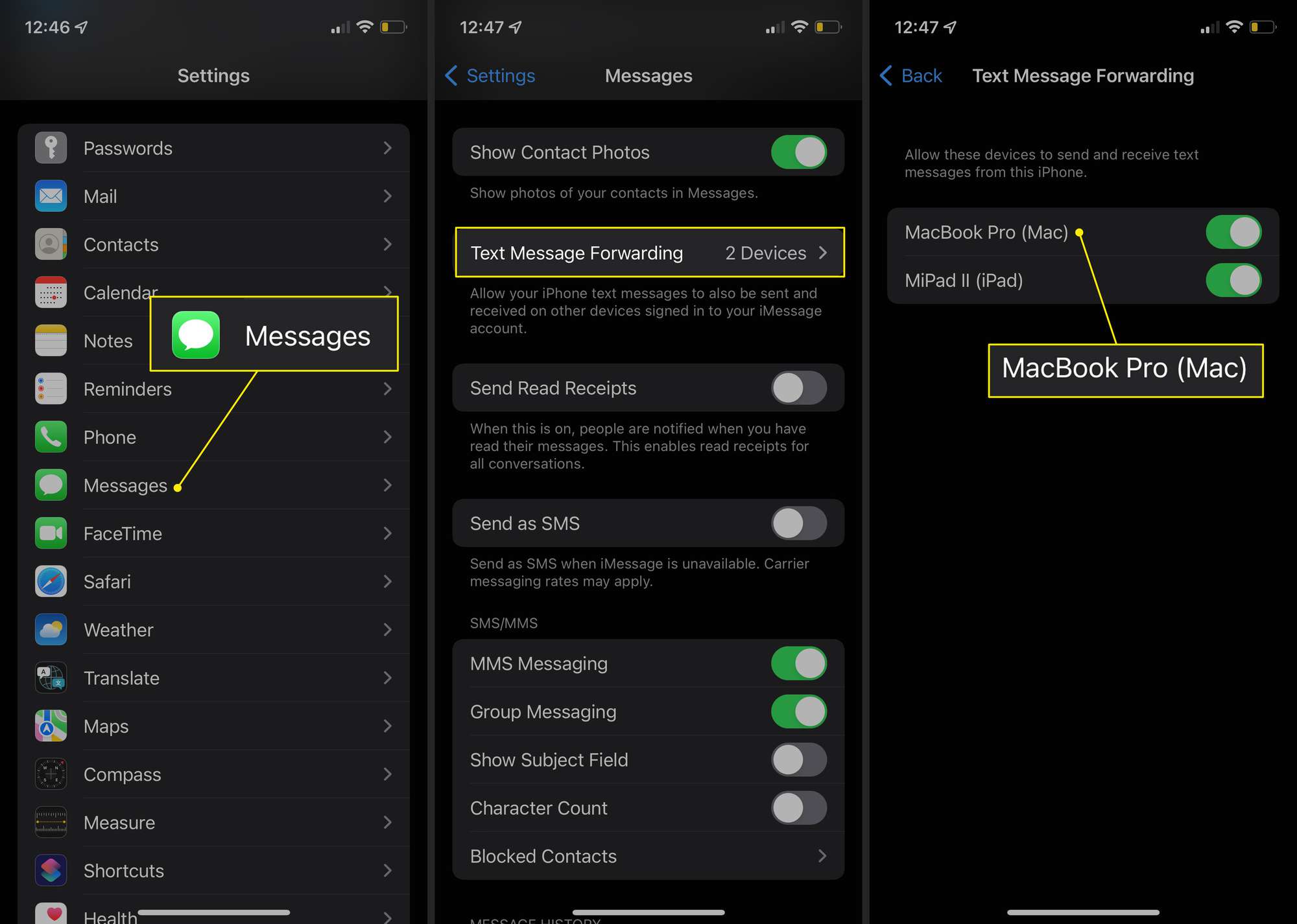Zprávy, přeposílání textových zpráv a Mac v aplikaci Nastavení pro iOS