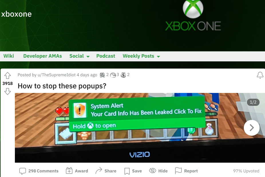 Snímek obrazovky s upozorněním na spam na Xbox One.