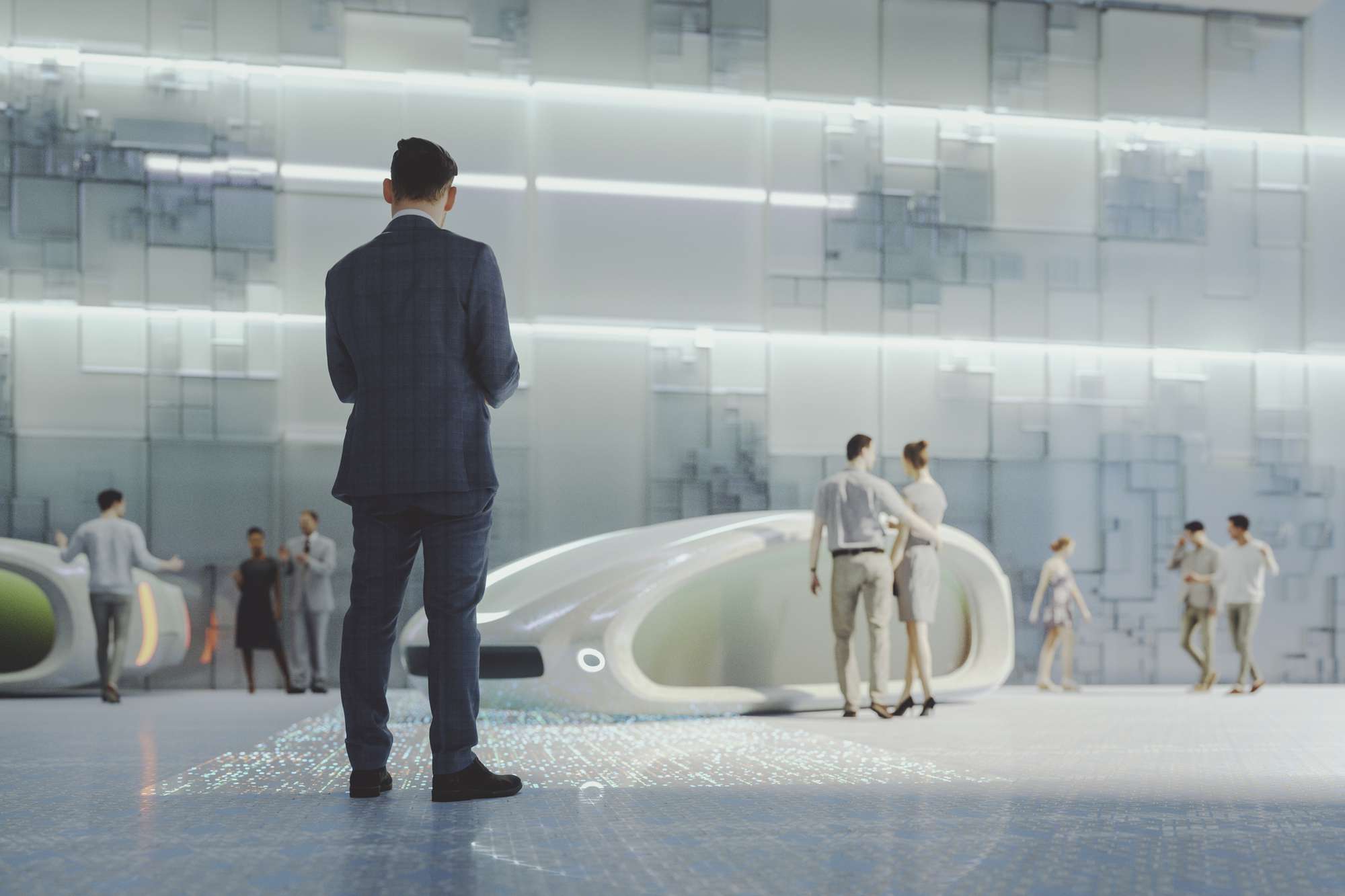 Koncept futuristické ulice s lidmi pobíhajícími a elektrickými vozidly pro dopravu.