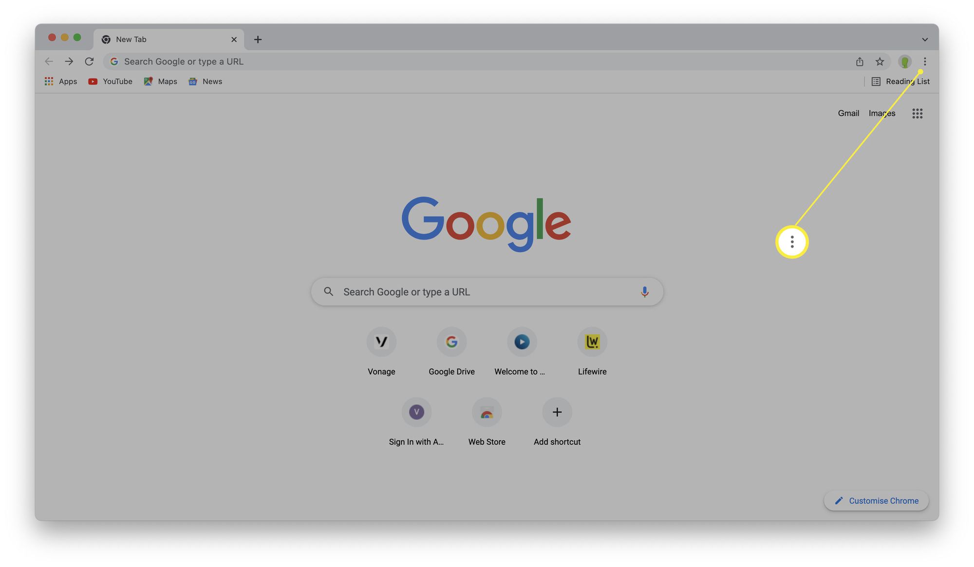 Google Chrome se zvýrazněnou ikonou se třemi tečkami.
