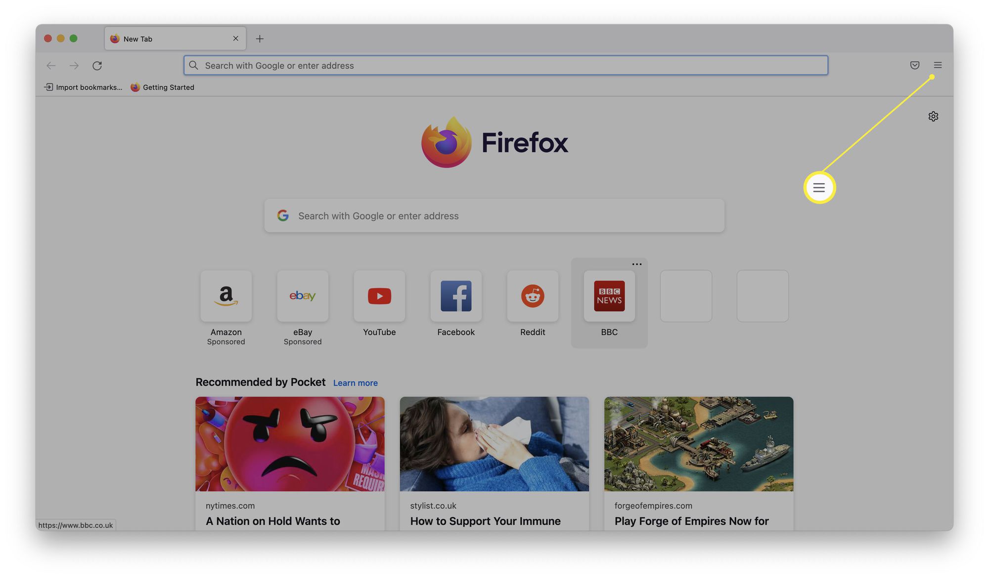 Firefox se zvýrazněnou ikonou burgeru.