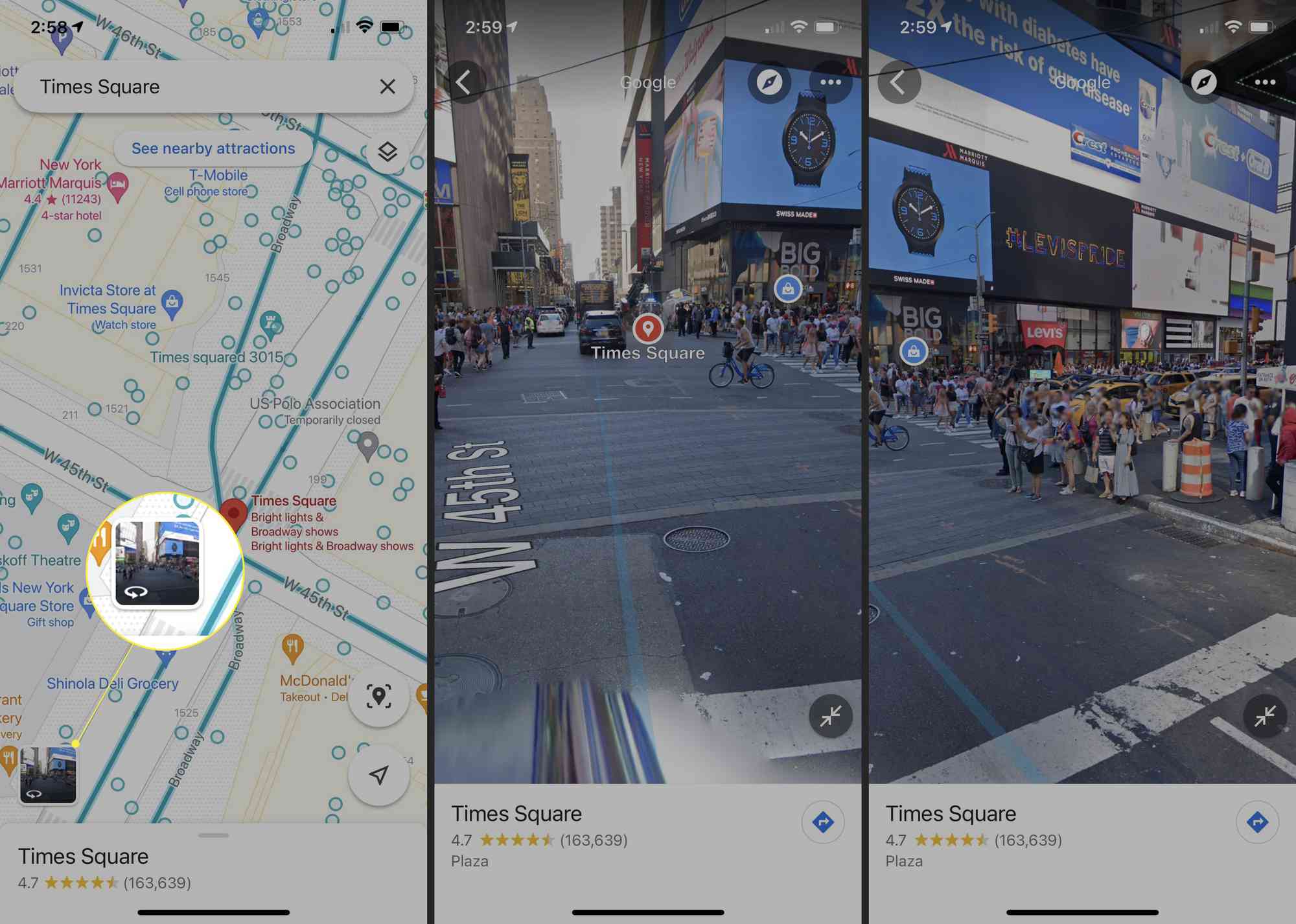 Mapy Google se zvýrazněnou ikonou Street View a zobrazením Street View New Yorku