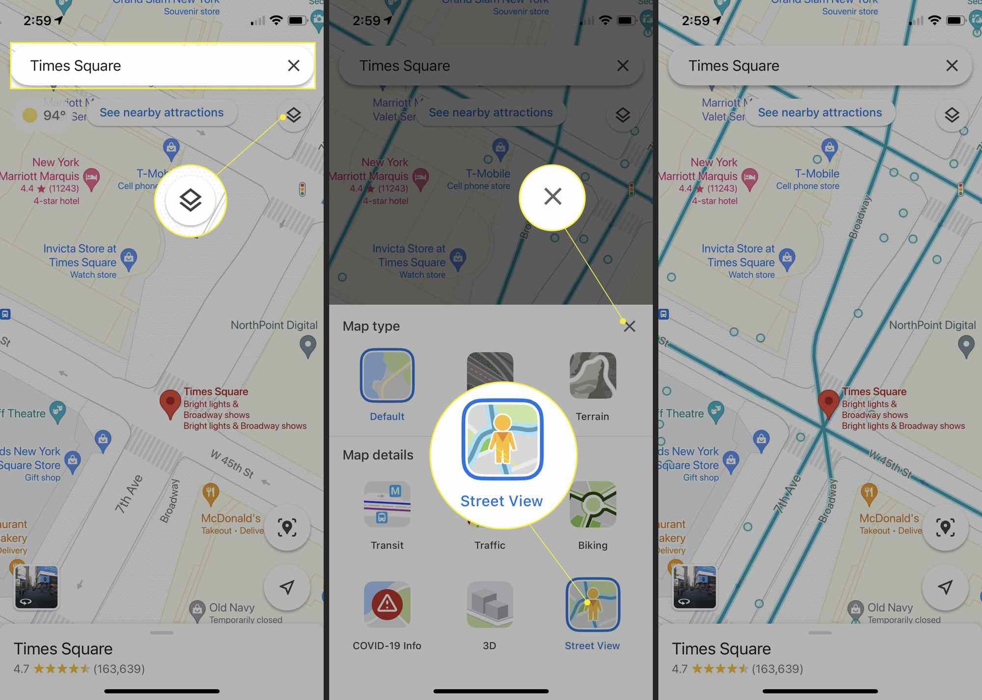 Mapy Google s Times Square ve vyhledávacím poli, se zvýrazněnou ikonou Vrstvy, Street View a X
