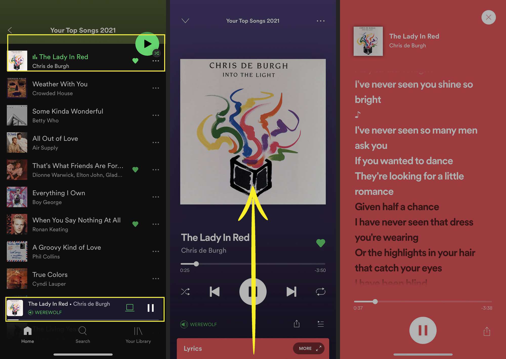 Texty Spotify na iOS se zvýrazněnou skladbou a posunutím nahoru