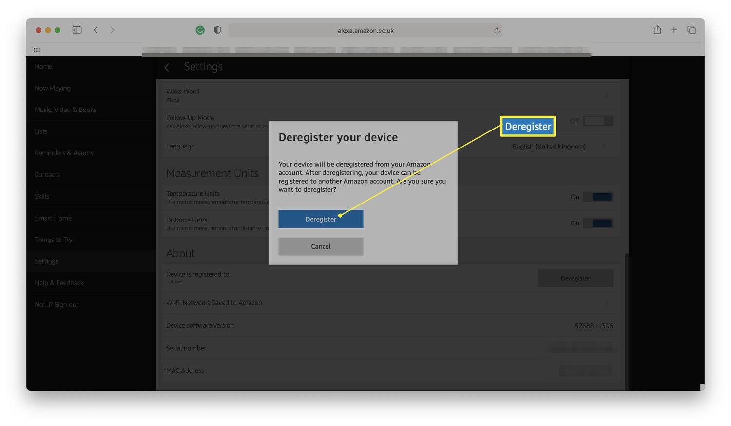 Webová stránka Alexa se zvýrazněnou možností Zrušit registraci vašeho zařízení