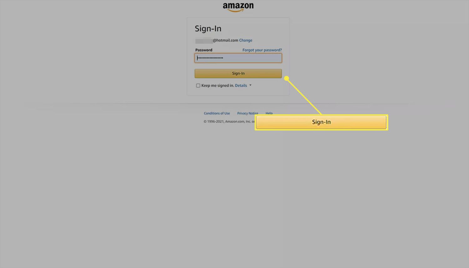 Přihlašovací stránka webu Amazon se zadaným heslem.