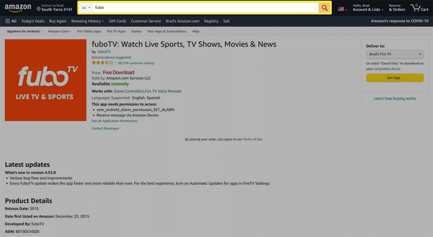 Stránka aplikace fuboTV na webu Amazon.