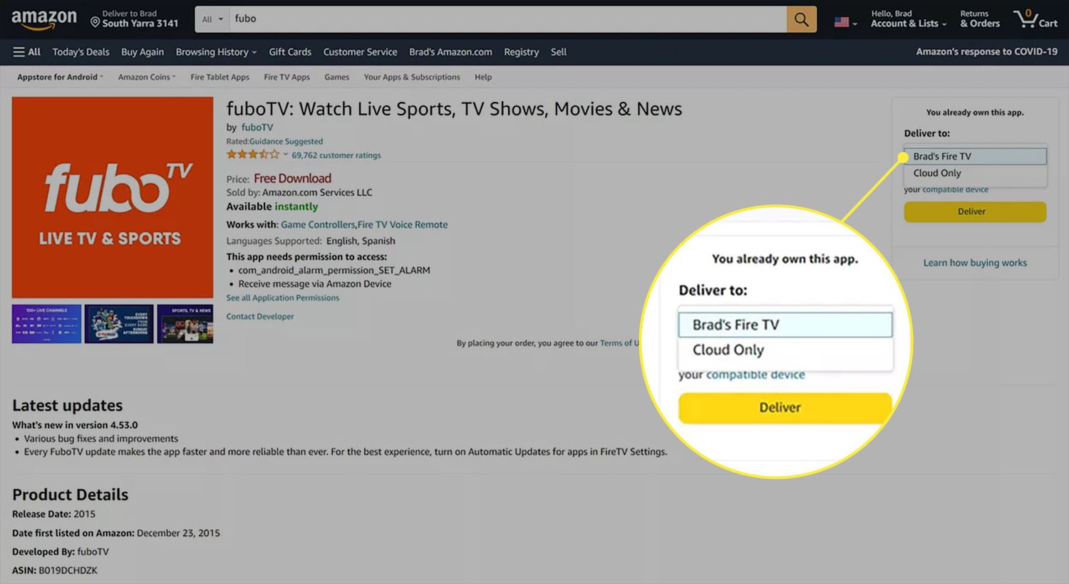 Stránka aplikace fuboTV na webu Amazon s vybranou nabídkou zařízení.