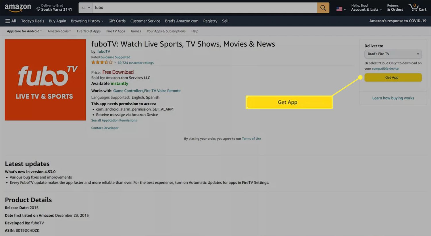Stránka aplikace fuboTV na webu Amazon se zvýrazněným tlačítkem Získat aplikaci.