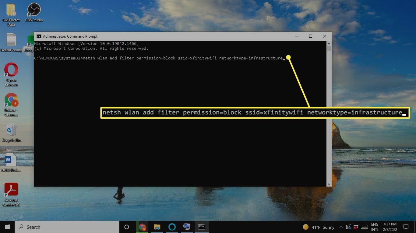 Příkaz síťového filtru v příkazovém řádku systému Windows