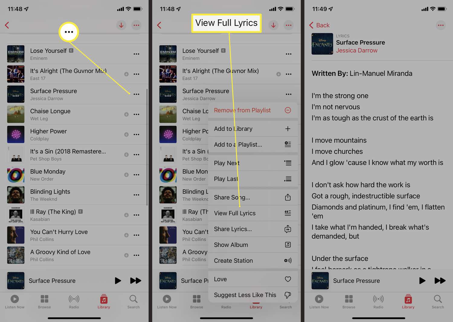 Kroky potřebné k zobrazení úplných textů v aplikaci Apple Music.