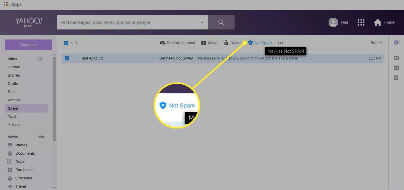 Složka Yahoo spam se zvýrazněným tlačítkem Not Spam