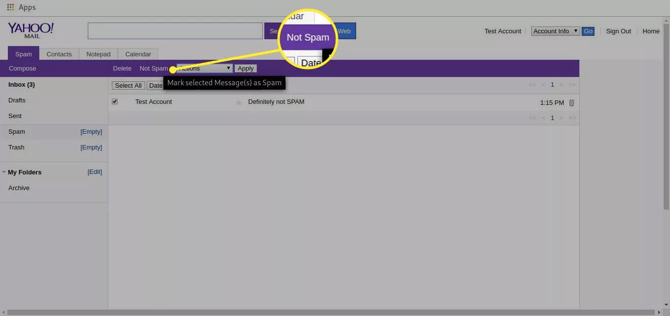 Složka Spam Yahoo Basic se zvýrazněným tlačítkem Not Spam