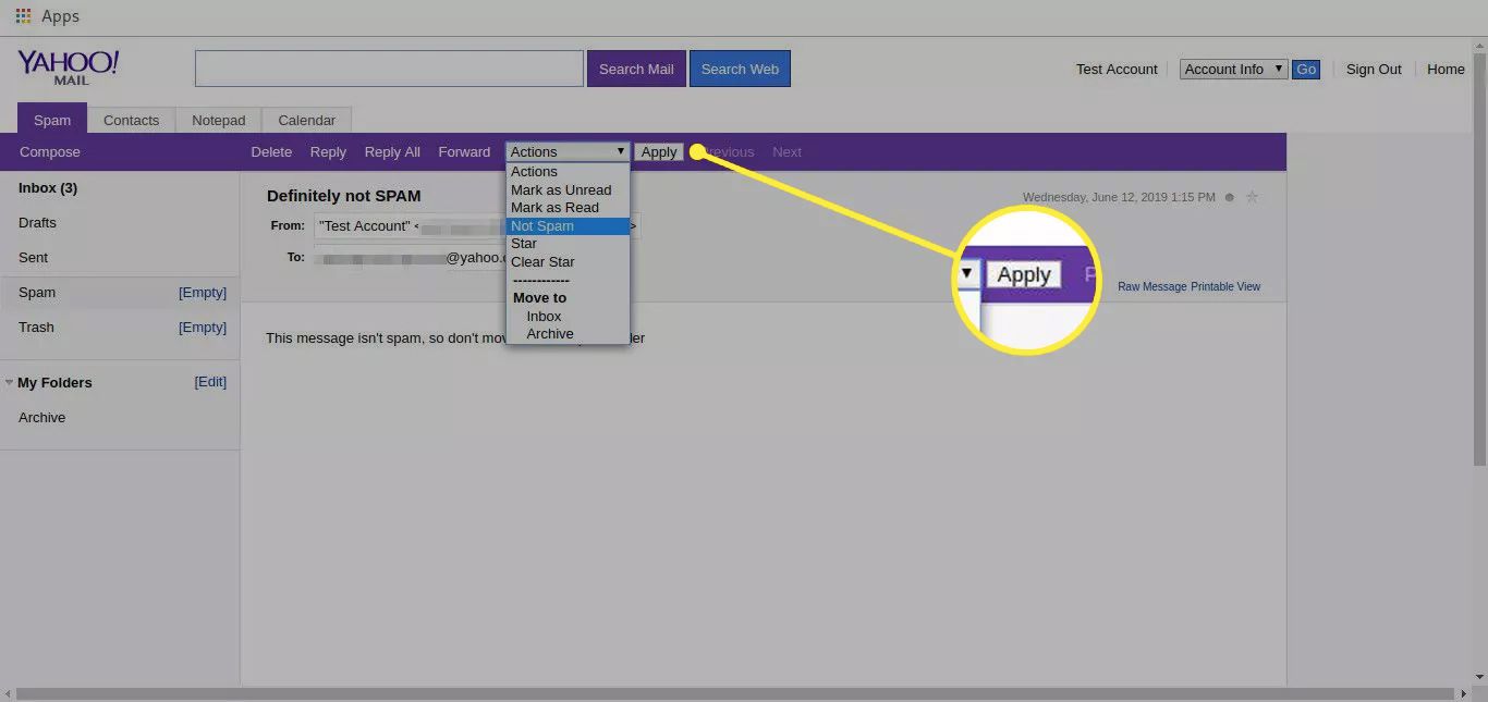 Yahoo Mail se zvýrazněným tlačítkem Použít na panelu nástrojů