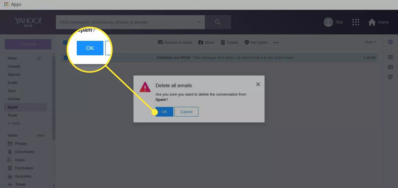 Dialogové okno Odstranit všechny e-maily v Yahoo Mail se zvýrazněným tlačítkem OK