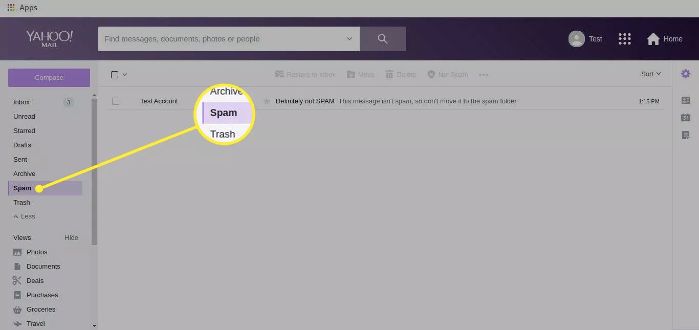 Doručená pošta Yahoo Mail se zvýrazněnou složkou Spam