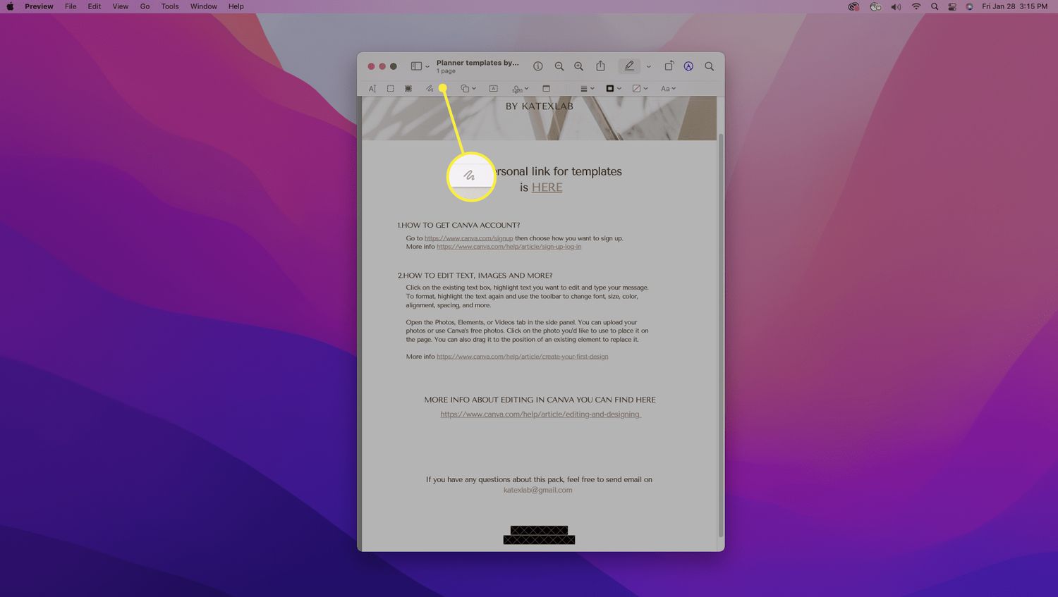 Nástroj Sketch na PDF v Náhledu Markup Toolbar na Macu