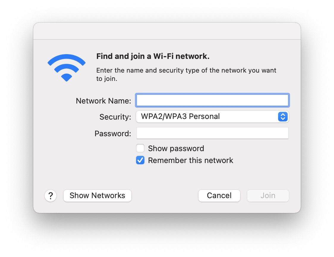 MacOS Dialogové okno Připojení k síti Wi-Fi.