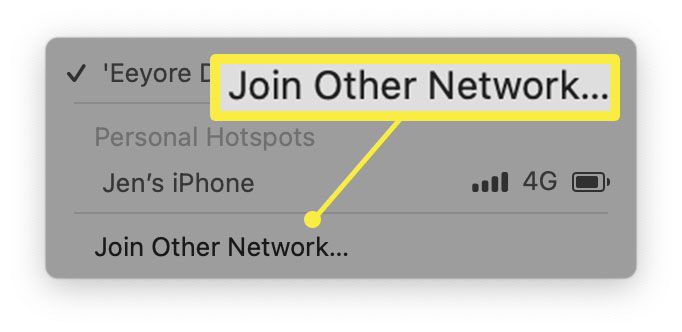 Nastavení sítě MacOS se zvýrazněnou možností Připojit se k jiné síti.